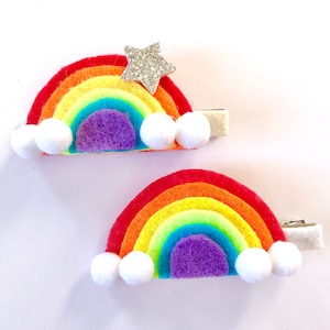 Rainbow Hair Clip I Glitter Sparkly Shooting Star Rainbow Hair Bow | Pom Pom Cloud Rainbow Star Hair Pin | Colorful Rainbow Hair Accessory