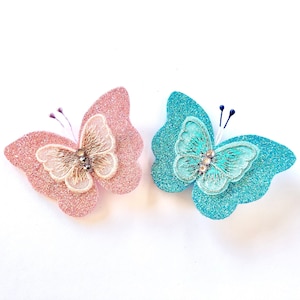 Glitter Pink Blue Butterfly Hair Clip I Princess Inspired Girl Toddler Baby Newborn Hair Bow | Sparkly Gem Butterfly Hair Accessory