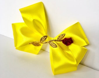 Beauty and The Beast Princess Belle Hair Bow | Disney Inspired Princess Glitter Sparkly Hair Clip For Girls | Princess Belle Rose Flower Bow