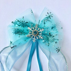 Disney Inspired Frozen Queen Elsa Hair Clip I Princess Girl Toddler Baby Newborn Bow | Sparkly Blue Glitter Tulle Snowflake Rhinestone Tie