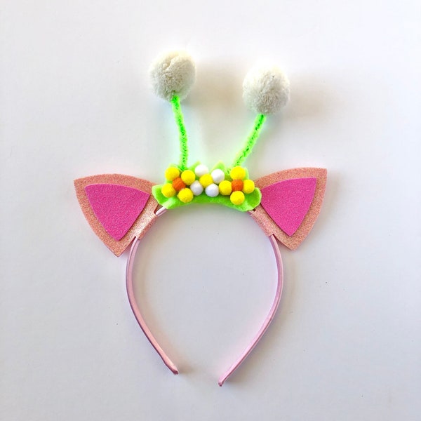 Kitty Fairy Headband I Gabby's Dollhouse Kitty Fairy Hair Bow | Glitter Sparkly Pink Fairy Cat Hair Accessory with Flowers