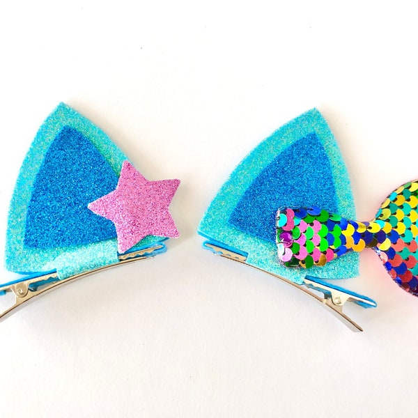 Mercat Headband I Gabby's Dollhouse Inspired Mermaid Cat Hair Bow | Glitter Sparkly Blue and Purple Mermaid Cat Hair Accessory Clip