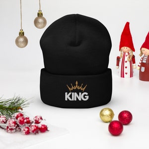 Crowned King Embroidered Beanie, Handmade Cuffed Knit Unisex Slouchy Adult Winter Hat Cap Gift