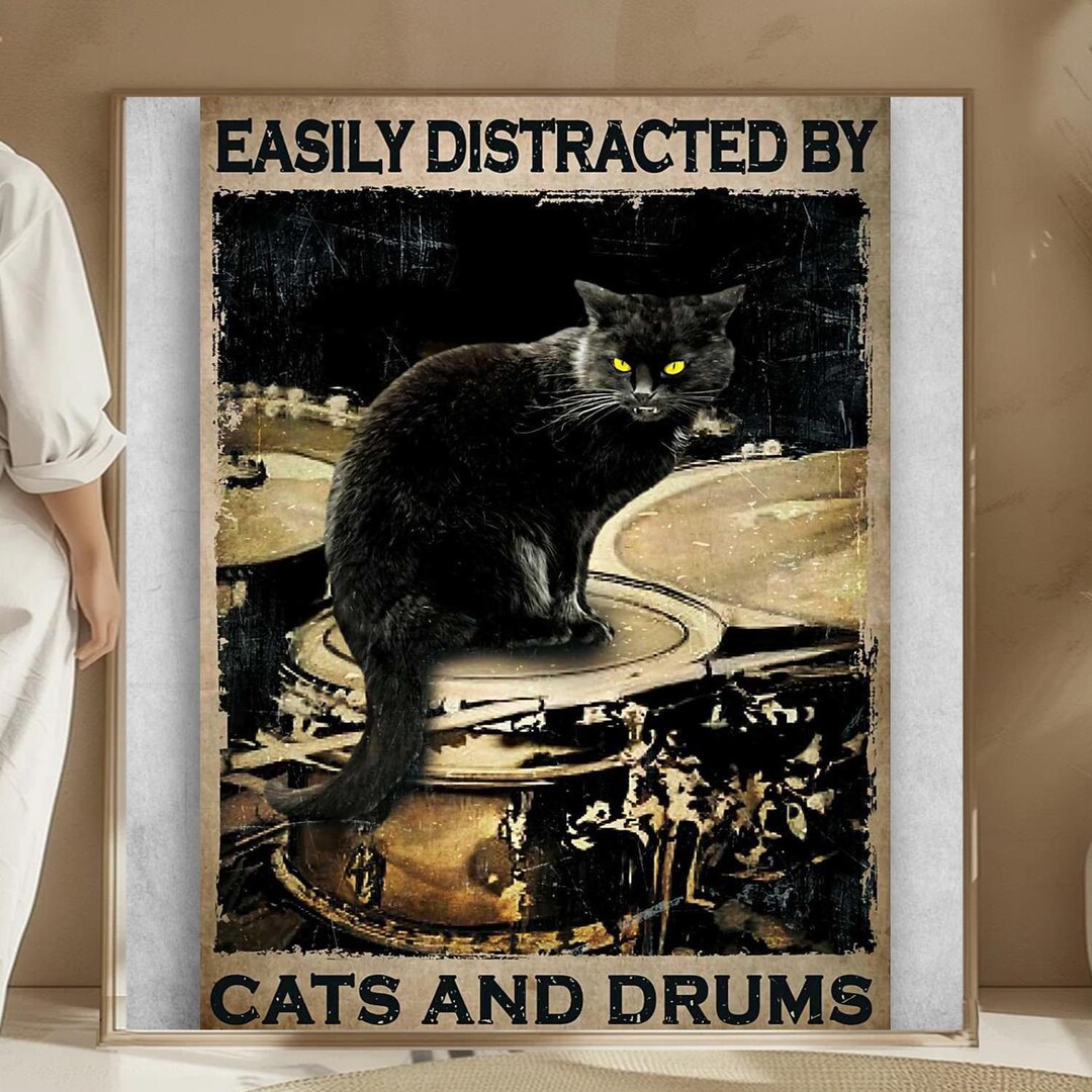 Black Cat Drumming Drummer Poster Easily Distracted by Cats and ᴅrums ... - Drumming For Cats With Anxiety