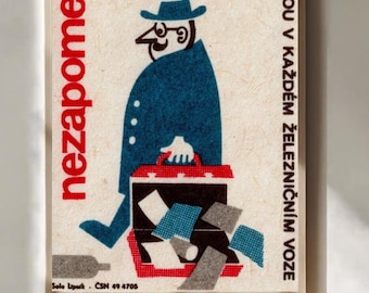 Mężczyzna upuszczający walizkę, pudełko zapałek, wydruk artystyczny, czeska ilustracja, plakat, retro, estetyczna dekoracja ścienna