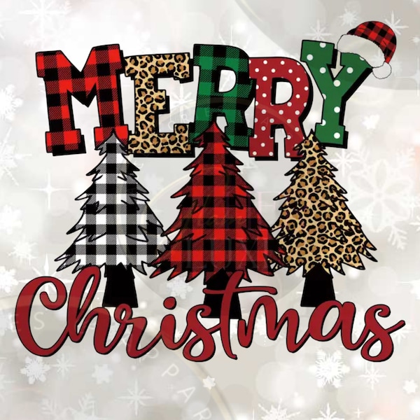 Merry Christmas PNG File, Buffalo Plaid Christmas, Leopard Print Christmas Tree