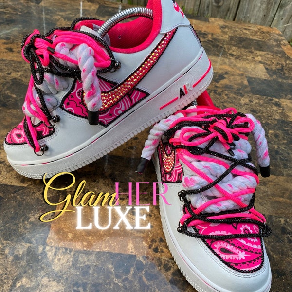 Custom Pink Bandana AF1 With Bling Rhinestone Nike Swoosh, Rope Laces Air Forces, Bandana Air Force Ones, Authentic Air Force 1 Sneakers