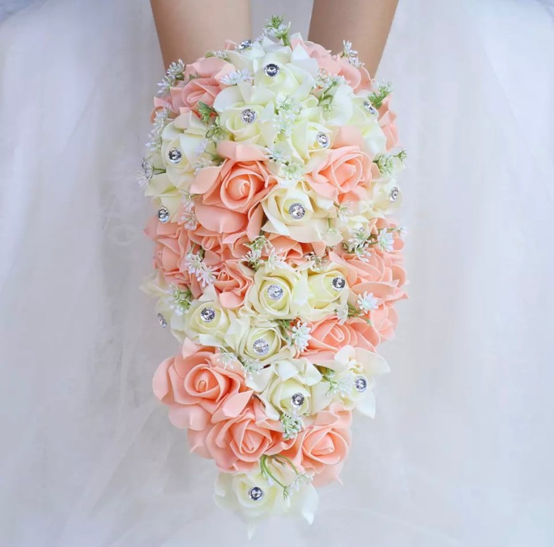 Ivory & Peach Rose Bridal Bouquet, Rhinestone Brooch Floral Drop Bouquet, Luxury Cascading