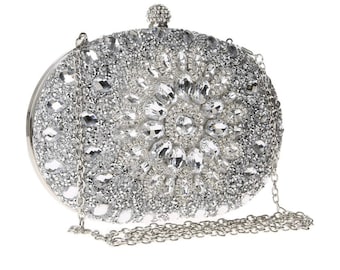 Crystal Clutch, Silver Rhinestone Clutch, Novelty Purse, Bridal Rhinestone Crossbody Purse, Crystal Formal Handbag, Wedding Evening Purse