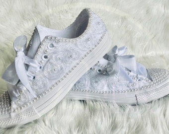 Pearl Bling Flower Girl Shoes, Luxury Floral Lace & Pearl Converse, Pearl Wedding Sneakers, White Bedazzled Converse, Lace Flower Girl Shoes