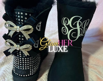 Bling Ugg Boots With Rhinestone Bow, Crystal Bailey Bow Ugg Boots, Sheep Skin Wool Boots, Custom Monogram Uggs, Bling Uggs for Women