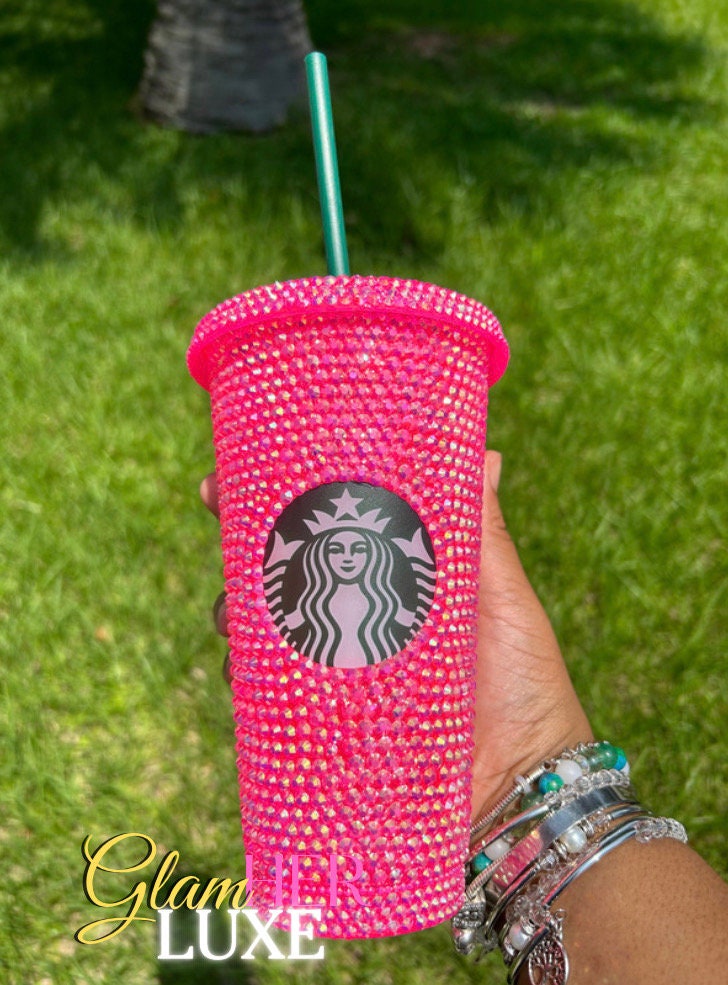 Cute Pink Stitch Frappe Coffee Beer Can Glass Cup Rhinestone