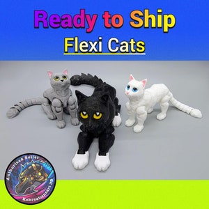 May include: Three articulated cat figurines, one gray, one black, and one white, with the text "Ready to Ship Flexi Cats" above them.