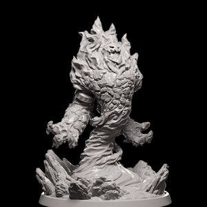 May include: A white, 3D printed miniature of a fire elemental. The elemental is standing on a rocky base and has a fierce expression on its face.