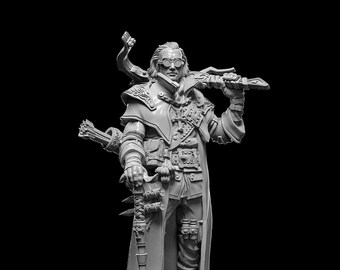 May include: A gray, detailed miniature figurine of a man wearing a long coat, goggles, and holding a sword and a staff. The figurine is standing on a round base.