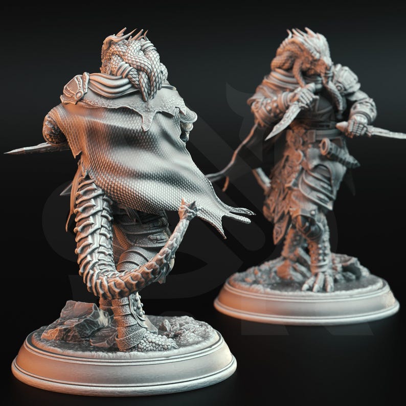 May include: A grey, detailed, 3D printed miniature of a humanoid figure with reptilian features, wearing armour and a cloak. The figure is holding a dagger in one hand and has a tail.