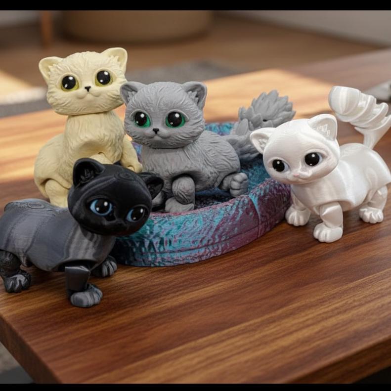 グレーキャット　アートトイ　ソフビ　刀　ネコ　デザイナーズトイ Flexi Munchkin Cat Toy, Sensory, 3D Printed, Optional Pet Bed - Etsy