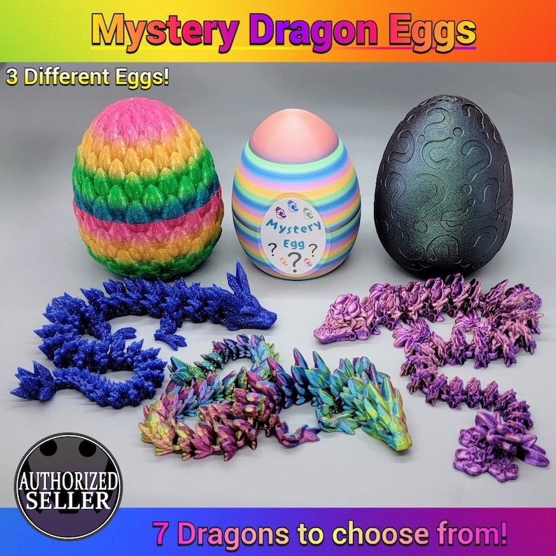 May include: Three colorful dragon eggs with a label that says "Mystery Egg" and seven different dragon figurines. The dragons are made of a shiny, iridescent material and come in a variety of colors, including blue, purple, and green.