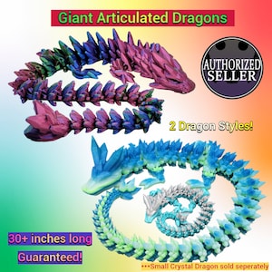 May include: Two articulated crystal dragon figurines, one in shades of pink and purple, the other in shades of blue and green. Both dragons are over 30 inches long. The text "Giant Articulated Dragons" and "2 Dragon Styles!" is visible in the image.