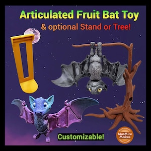 Articulated Posable Fruit Bat Toy with realistic flapping wings Fidget Sensory & optional Tree or Standard Stand