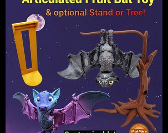 Articulated Posable Fruit Bat Toy with realistic flapping wings Fidget Sensory & optional Tree or Standard Stand