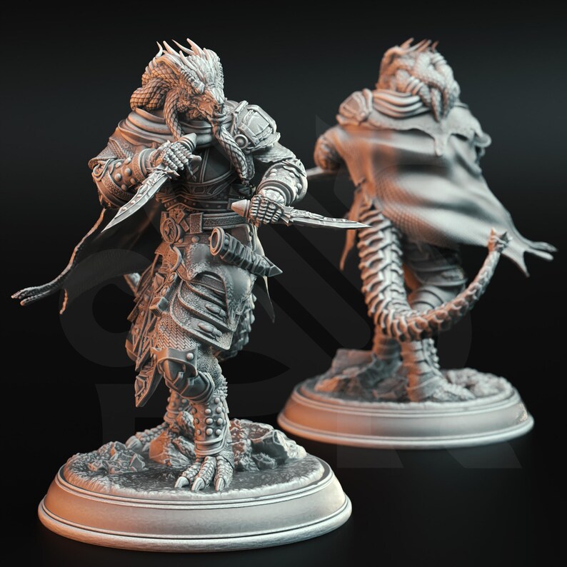 May include: Two grey painted figurines of a humanoid dragon with a tail, wearing armour and holding daggers. The figurine on the left is standing with its right leg forward, while the figurine on the right is standing with its left leg forward. Both figurines are on circular bases.