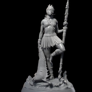 May include: A gray figurine of a woman holding a spear and a fish. She is wearing a skirt and a headpiece. The figurine is standing on a base with a textured surface.