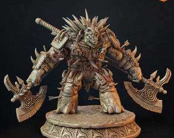 May include: A beige, unpainted resin miniature of a hulking, horned creature with a skull-like head, wearing spiked armor and chainmail. The figure stands on a circular, patterned base, wielding two large, ornate battle axes in its hands.