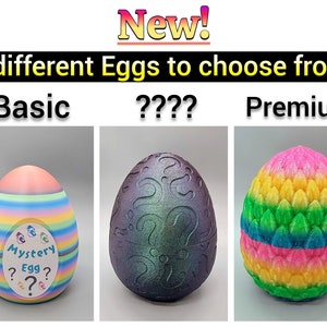 May include: Three different types of mystery eggs to choose from. The first egg is a basic striped egg with a rainbow color scheme. The second egg is a dark purple egg with a question mark pattern. The third egg is a green and pink egg with a dragon scale pattern.  The text "Mystery Egg?" is printed on the basic egg.
