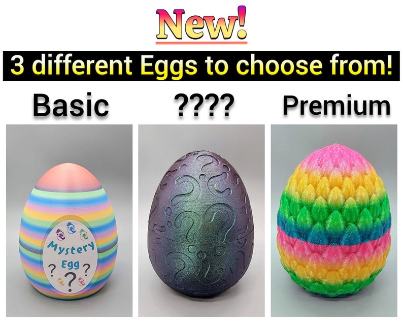 May include: Three different types of mystery eggs to choose from. The first egg is a basic striped egg with a rainbow color scheme. The second egg is a dark purple egg with a question mark pattern. The third egg is a green and pink egg with a dragon scale pattern.  The text "Mystery Egg?" is printed on the basic egg.