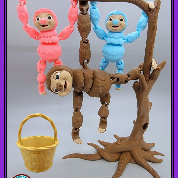 Flexi Sloth and Baby Sloth Toy and Tree and Basket Fidget Sensory Articulated Play Set