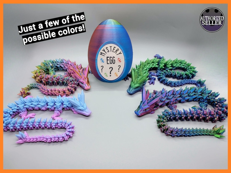 May include: A close-up of a mystery egg with a question mark and the word "Mystery Egg" printed on it.  Four iridescent dragon figurines are shown in different colors: pink, blue, green, and purple.