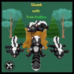 Articulated Skunk Toy and Tree Hollow Home fidget sensory flexi play set