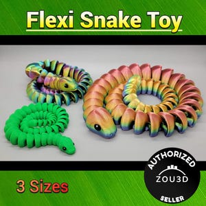 May include: Three flexible snake toys in different sizes. The largest snake is iridescent pink, orange, and yellow. The medium snake is iridescent green, blue, and purple. The smallest snake is solid green. The text "Flexi Snake Toy" is at the top of the image. The text "3 Sizes" is at the bottom of the image. The text "AUTHORIZED ZOU3D SELLER" is in a circle at the bottom right of the image.