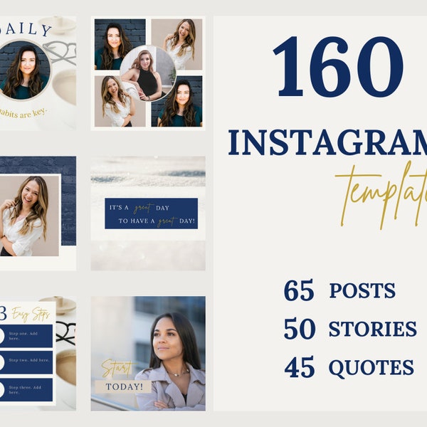 160 Instagram Templates-Navy & Gold Bundle (Posts-Stories-Quotes for Coaching, Business, Blogger)