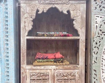 Whitewashed Reclaimed Indian Antique Timber Hand Carved Boho Chic Bookshelf Display Cabinet Storage