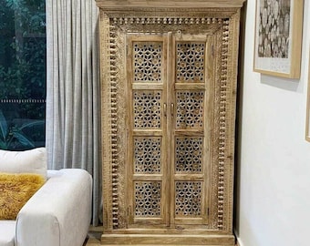East Connection Hand Carved Latticework Vintage Antique Indian Distressed Timber Wardrobe Cupboard Cabinet Storage Closet