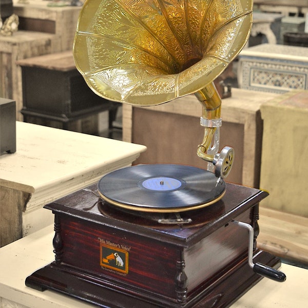 East Connection Unique Indian Antique Style Gramophone Player Wind up Phonograph Vintage Vinyl Record Player Statement Piece Showpiece