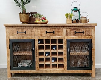 Vintage Industrial Metal Mesh Door Timber Top Buffet Sideboard Wine Cabinet