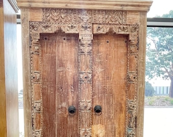 Distressed Timber Reclaimed Indian Antique Hand Carved Door Wardrobe Statement Cupboard Storage Cabinet Closet Shelves