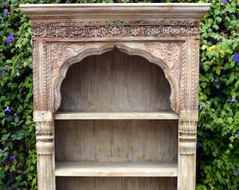 Whitewashed Reclaimed Indian Antique Timber Pillar Hand Carved Mehrab Boho Chic Bookshelf