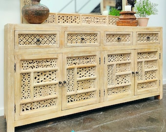 Hand Carved Timber Latticework French Provincial Sandblasted Buffet Sideboard