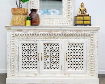 East Connection Hand Carved Latticework Vintage Antique Indian Distressed White Timber Sideboard Buffet Cabinet