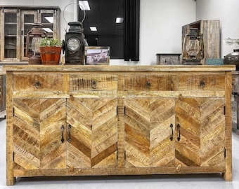 Handcrafted Solid Timber Chevron Pattern Country Sideboard Coastal Buffet Herringbone Cabinet Entry Statement Piece