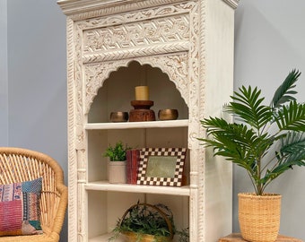 Hand Carved Shabby Chic White Solid Timber Country Display Cabinet Boho Bookshelf Shelving Unit