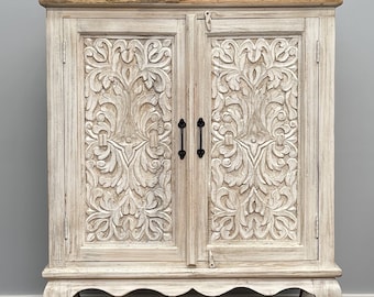 Hand Carved Solid Natural Timber Top White French Provincial Hand Carved Shabby Chic Floral Buffet Cabinet