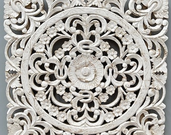 Hand Carved Timber Floral Mandala Wall Art Square Decorative Statement Piece