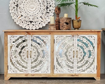 Hand Carved Timber French Provincial Style Floral Mirror Door Buffet Sideboard