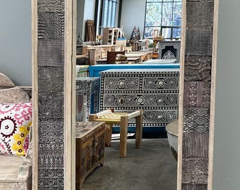 Hand Carved Reclaimed Timber and Stone Pattern Indian Statement Piece Full Length Blocks Mirror