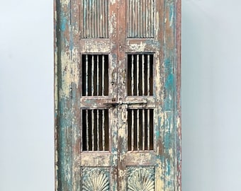 Reclaimed Indian Antique Timber & Metal Rod Vintage Door Wardrobe Cupboard Storage Cabinet Closet